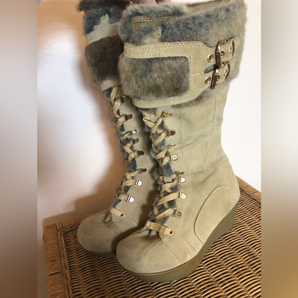 Report Icon Cascade Tan suede leather Faux Fur Snow Boots Zipper Lace-Up Size 7